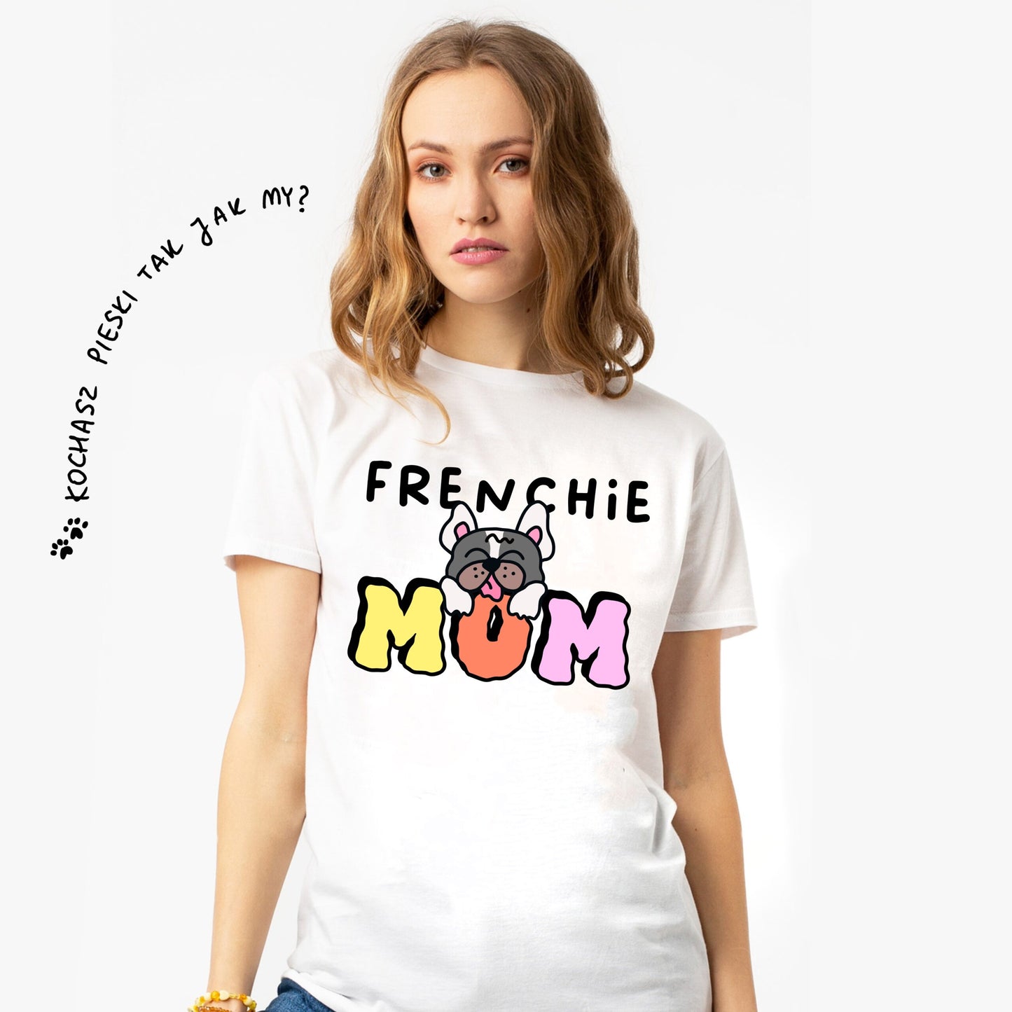 T-shirt – Frenchie MOM – Cartoon – biały
