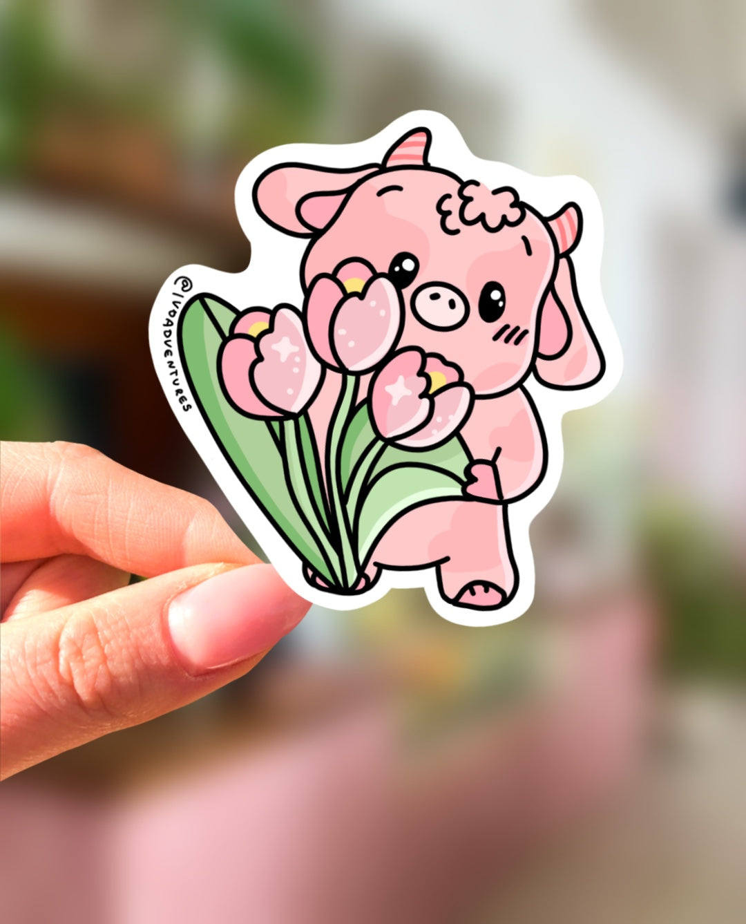 Naklejka - KAWAII krowa TULIPANY