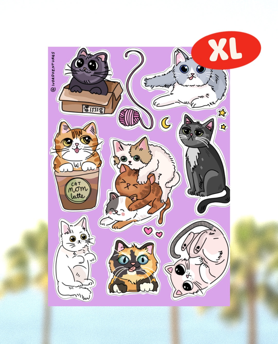 Naklejki Arkusz KAWAII kotki fioletowe XL