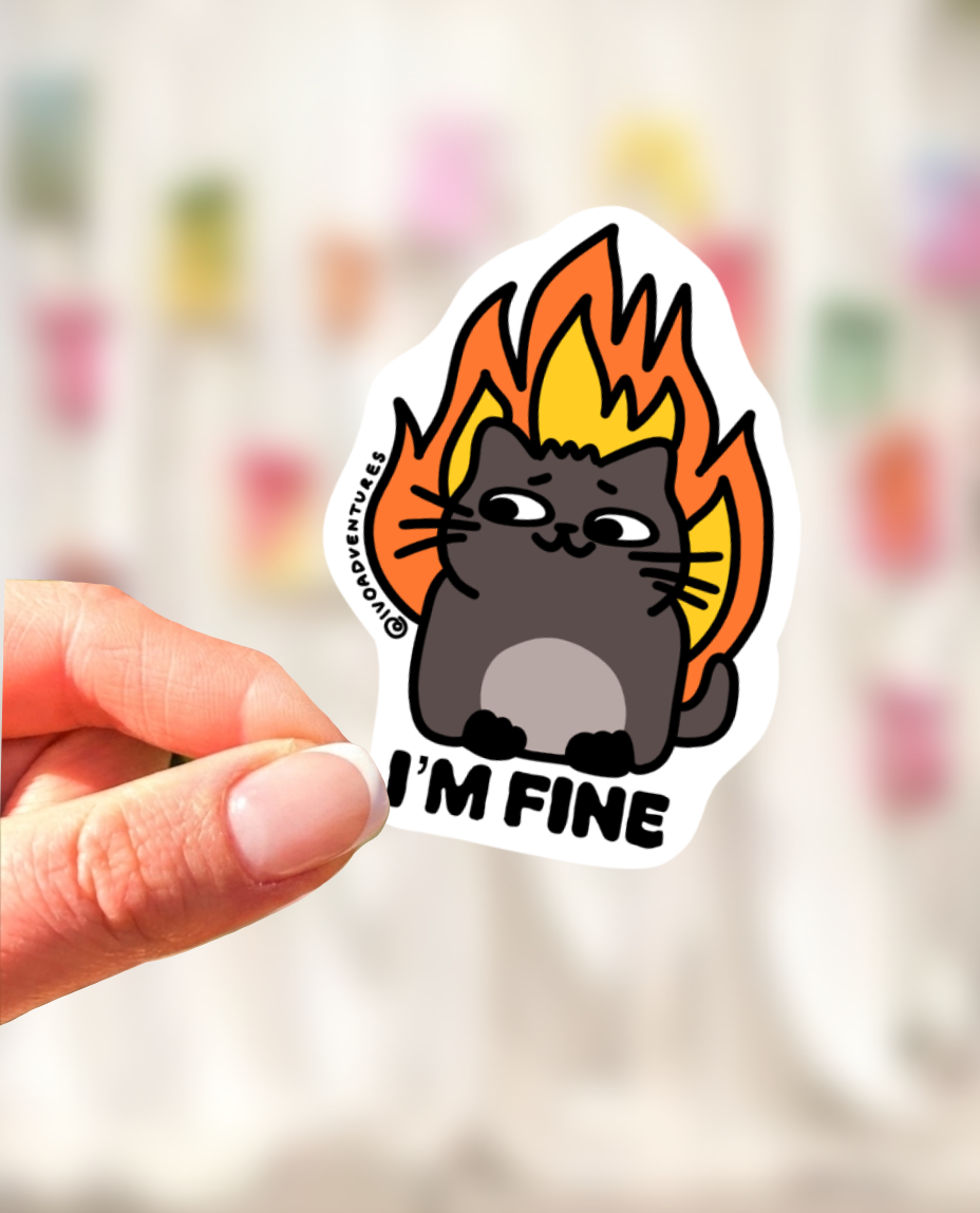 Naklejka - I'm Fine - kotek w ogniu