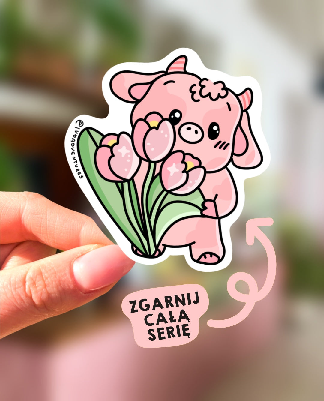 Naklejka - KAWAII krowa TULIPANY