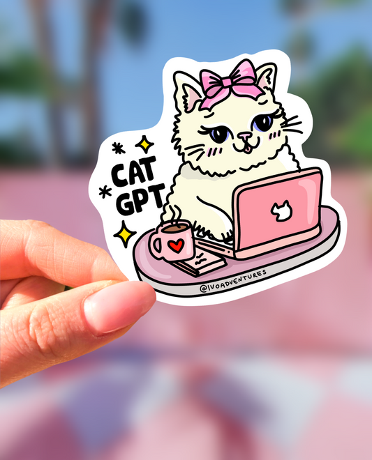 Naklejka - CatGPT – kotek na komputerze - różowy laptop