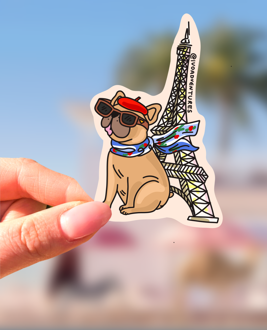 Naklejka - Frenchie buldożek w Paryżu - wieża Eiffla