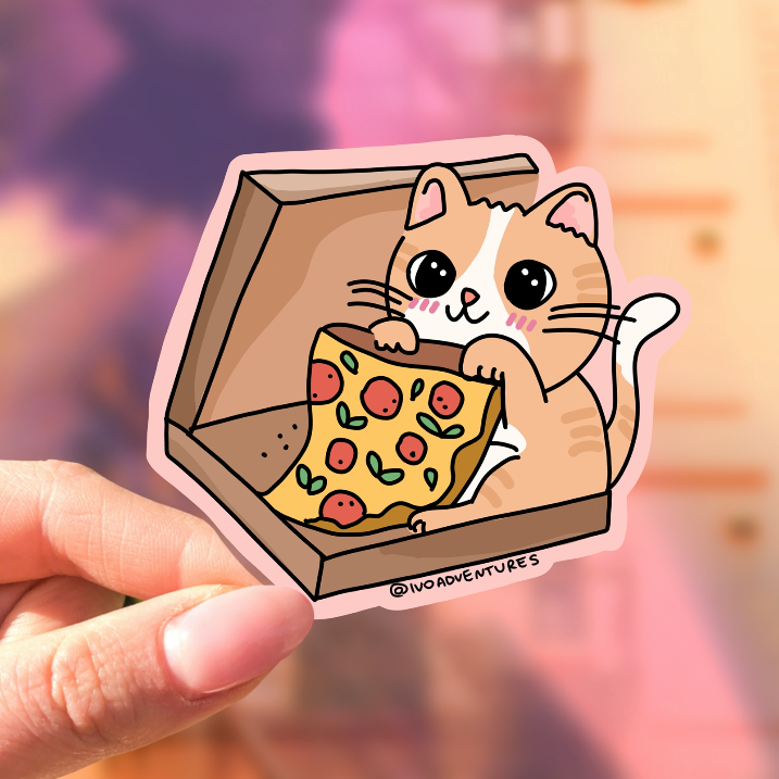 Naklejka kotek w pudełku pizza