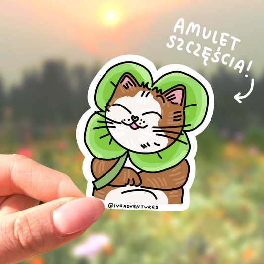 Naklejka kotek koniczynka na szczęście